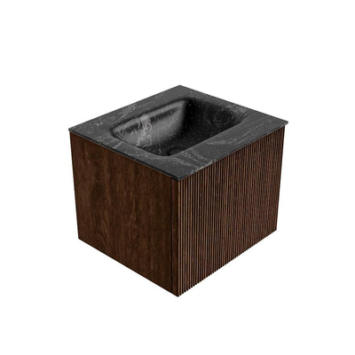 MONDIAZ KURVE-DLUX 50cm badmeubel kleur Walnut met 1 lade. Wastafel GRUNNE midden zonder kraangat kleur Lava.
