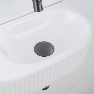 QeramiQ Fuente Ensemble de Lavabo - 40x21.5x12cm - strié - demi-rond - céramique - ensemble de robinet gunmetal - bouchon de vidange - siphon abaissé - blanc brillant