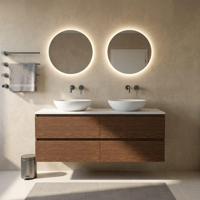Saniclass Holz Pure Ensemble de meubles de salle de bains - 160x45x62.5cm - Plan de travail Torino en solid surface blanc - sans trou de robinet - 4 tiroirs - walnut pure mat (bois)