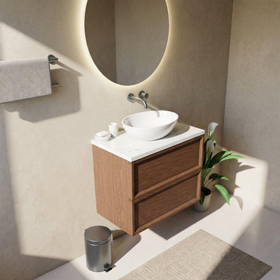 Saniclass Holz Frame Ensemble de meubles de salle de bains - 80x45x63cm - Plan de lavabo en marbre Dia poli (blanc) - sans trou de robinet - 2 tiroirs - mat noyer pur (bois)