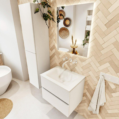 MONDIAZ VICA meuble sous lavabo 60cm Talc 2 tiroirs. Lavabo CLOUD central sans trou de robinet, couleur Talc.