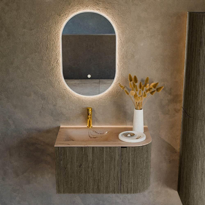 MONDIAZ KURVE-DLUX Meuble de salle de bains 75cm arrondi à droite couleur Shadow avec 1 tiroir et 1 porte. Lavabo GRUNNE à gauche 1 trou de robinet Arena.