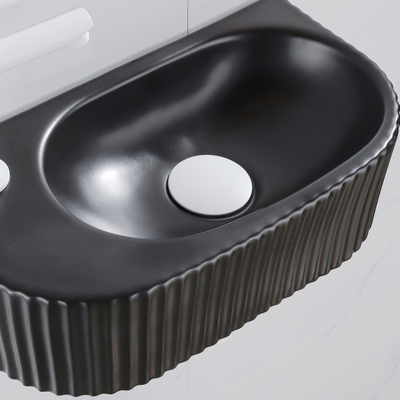 QeramiQ Fuente Ensemble de Lavabo - 40x21.5x12cm - gauche - strié - demi-rond - 1 trou de robinet - céramique - ensemble de robinet blanc mat - bouchon de vidange - siphon abaissé - noir mat