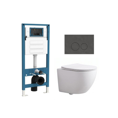 QeramiQ Dely Swirl Compact Ensemble WC - réservoir encastré QeramiQ flush - abattant slim - plaque de commande en marbre foncé - boutons ronds - blanc mat