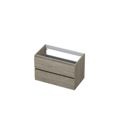 INK Wastafelonderkast - 80x45x52cm - 2 lades - greeploos - met houten keerlijst - MFC - Greige eiken