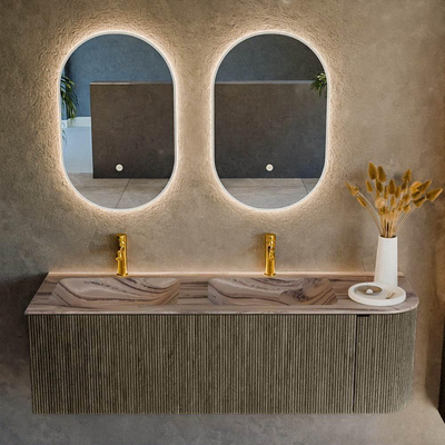 MONDIAZ KURVE-DLUX Meuble de salle de bains 145cm arrondi à droite couleur Shadow avec 1 tiroir et 1 porte. Lavabo LEAF Double / Gauche 2 trous de robinet Sombra.