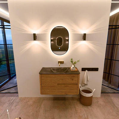 Mondiaz CIRO-DLUX Badkamermeubelset - 90x45x50cm - Solid surface wastafel Lava - 1 wasbak Midden - zonder kraangaten - 2 lades - Oak