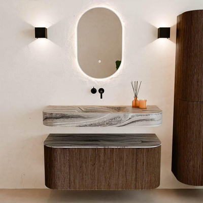 MONDIAZ THOR-DLUX 110cm badmeubel ronding links + rechts kleur Walnut met 1 lade en 2 deuren. Vrijhangende wastafel CLOUD Midden zonder kraangat kleur Sombra.