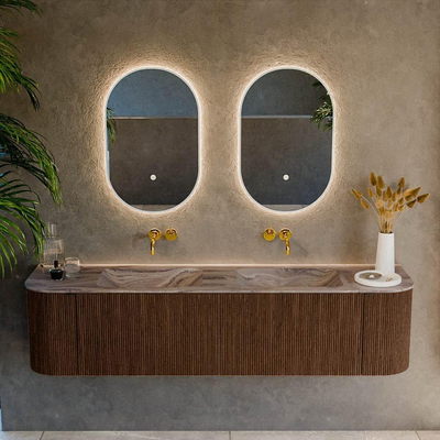 MONDIAZ KURVE-DLUX Meuble de salle de bains 180cm arrondi Gauche + Droite couleur Walnut avec 2 tiroirs et 2 portes. Plan-vasque LEAF Double sans trou de robinetterie Sombra.