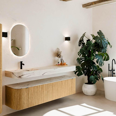 MONDIAZ THOR-DLUX 180cm meuble de salle de bains arrondi gauche + droite couleur Oak avec 2 tiroirs et 2 portes. Vasque suspendue CLOUD Gauche 1 trou de robinet couleur Nata.