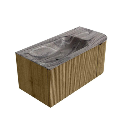 MONDIAZ KURVE-DLUX Meuble de salle de bains 95cm arrondi à droite couleur Dusk avec 1 tiroir et 1 porte. Lavabo BIG SMALL à gauche 1 trou de robinet Sombra.