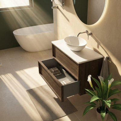 Saniclass Holz Frame Ensemble de meuble de salle de bains - 100x45x62.5cm - Plan de toilette Torino en solid surface blanc - sans trou de robinetterie - 2 tiroirs - chêne charcoal mat (bois)