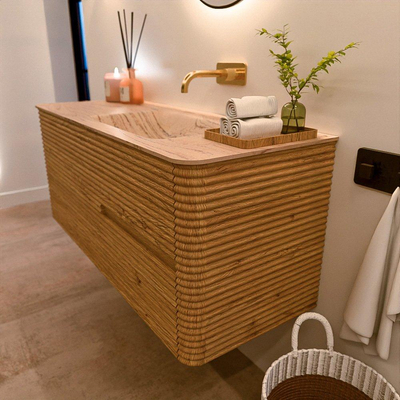 Mondiaz CIRO-DLUX Ensemble de meubles de salle de bains - 120x45x50cm - vasque Solid surface Arena - 1 bassin à droite - sans trous de robinet - 2 tiroirs - Chêne