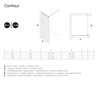 Sealskin Contour paroi de douche à l'italienne type A3 118 cm de large, 200 cm de haut, inox, verre de sécurité transparent 6 mm