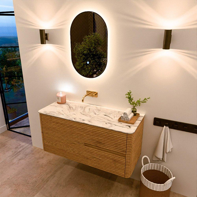 Mondiaz CIRO-DLUX Badkamermeubelset - 110x45x50cm - Solid surface wastafel Glace - 1 wasbak Links - zonder kraangaten - 2 lades - Oak