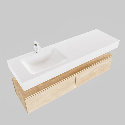 MONDIAZ ALAN 150cm - meuble bas - chêne vieilli - 2 tiroirs - lavabo suspendu - vasque à gauche - 1 trou de robinet - talc