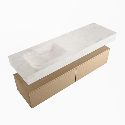 Mondiaz ALAN-DLUX Ensemble de meuble - 150cm - meuble - Oro mat - 2 tiroirs - Lavabo Cloud Ostra suspendu - vasque gauche - 0 trous de robinet - Beige