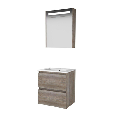 Basic-Line Premium 46 ensemble de meubles de salle de bain 60x46cm sans poignée 2 tiroirs lavabo en porcelaine 1 trou de robinetterie armoire de toilette éclairage led intégré mfc scotch oak