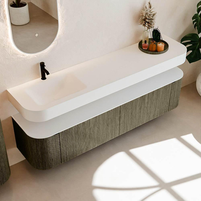 MONDIAZ THOR Meuble de salle de bains 190cm arrondi gauche + droite couleur Shadow avec 2 tiroirs et 2 portes. Vasque suspendue CLOUD Gauche 1 trou de robinet couleur Talc.