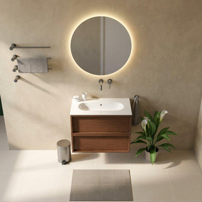 Saniclass Holz Frame Ensemble de meubles de salle de bains - 80x45x73.9cm - Chaci lavabo en céramique blanc - 1 vasque - sans trou de robinetterie - 2 tiroirs - mat walnut pure (bois)