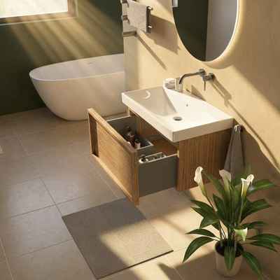 Saniclass Holz Frame Ensemble de meubles de salle de bains - 80x45x47.5cm - Wave lavabo en céramique - 1 vasque - sans trou de robinetterie - 1 tiroir - chêne naturel mat (bois)