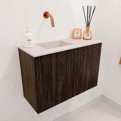 Mondiaz JOYA-DLUX 60cm meuble de toilette - couleur Walnut - Lavabo FAYE position Gauche Sans trou de robinet couleur Meli.