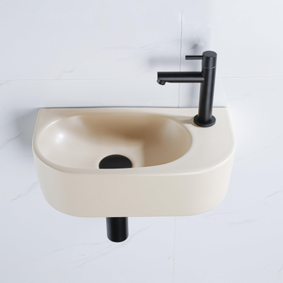 QeramiQ Fuente fonteinset – halfrond – 40x21.5x12 cm – keramiek beige – kraangat rechts – mat zwarte kraan