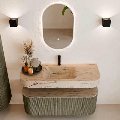 MONDIAZ THOR-DLUX 120cm meuble de salle de bains arrondi gauche + droite couleur Shadow avec 1 tiroir et 2 portes. Vasque suspendue CLOUD Milieu 1 trou de robinet couleur Arena.