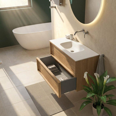 Saniclass Holz Frame Ensemble de meubles de salle de bains - 100x45x61.5cm - Flow lavabo en solid surface blanc - 1 vasque - sans trou de robinetterie - 2 tiroirs - chêne naturel mat (bois)