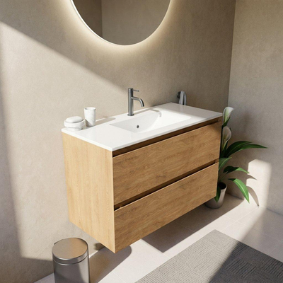 Saniclass Holz Pure Ensemble meuble de salle de bains - 100x45x62cm - Vygo lavabo en céramique blanc - 1 vasque - 1 trou de robinet - 2 tiroirs - chêne natural mat (bois)