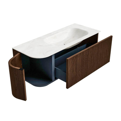 MONDIAZ KURVE-DLUX meuble de salle de bains 115 cm avec module 25 L couleur Walnut avec 1 tiroir et 1 porte. Lavabo BIG SMALL droit 1 trou de robinet couleur Ostra.