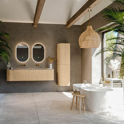 MONDIAZ KURVE-DLUX 170cm badmeubel ronding Links + Rechts kleur Oak met 1 lade en 2 deuren. Wastafel LEAF Dubbel zonder kraangat Sombra.