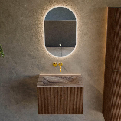 MONDIAZ KURVE-DLUX Meuble de salle de bains 60cm couleur Walnut avec 1 tiroir et 0 porte. Lavabo CLOUD central sans trou de robinet Sombra.