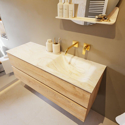 Mondiaz VICA-DLUX Ensemble de meuble de salle de bain - 130cm - meuble sous-vasque chêne blanchi - 2 tiroirs - lavabo encastré cloud droite - sans trous de robinet - version haute de 60cm - ostra