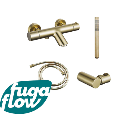 FugaFlow Eccelente Sobrado Robinet de baignoire thermostatique avec douchette stick, support et flexible lisse Laiton brossé PVD