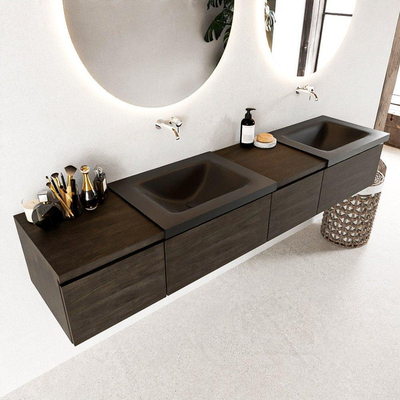 MONDIAZ BUKLA 200cm badmeubel met module 40 rechts kleur Dark Brown met 4 lades. Wastafel CLOUD dubbel 0 kraangaten kleur Urban.