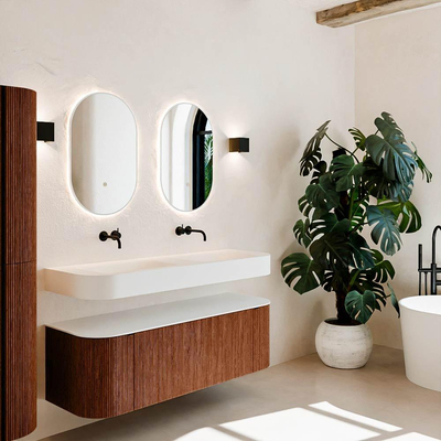 MONDIAZ THOR Meuble de salle de bains 140cm arrondi gauche + droite couleur Ruby avec 1 tiroir et 2 portes. Vasque suspendue CLOUD Double sans trou de robinet couleur Talc.