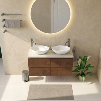 Saniclass Holz Atelier Ensemble de meubles de salle de bains - 120x45x63cm - Plan de travail en pierre naturelle travertin - 2 trous de robinet - 2 tiroirs - noyer pur mat (bois)