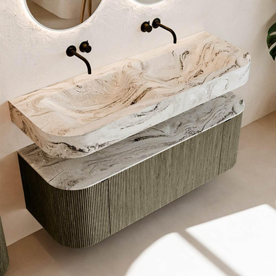 MONDIAZ THOR-DLUX 130cm meuble de salle de bains arrondi gauche + droite couleur Shadow avec 1 tiroir et 2 portes. Vasque suspendue CLOUD Double sans trou de robinet couleur Glace.