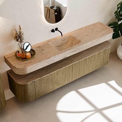 MONDIAZ THOR-DLUX 200cm meuble de salle de bains arrondi gauche + droite couleur Dusk avec 2 tiroirs et 2 portes. Vasque suspendue CLOUD Milieu sans trou de robinet couleur Arena.