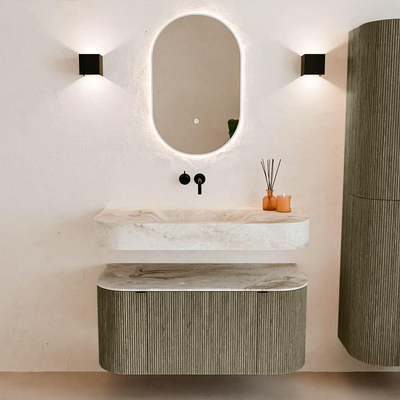 MONDIAZ THOR-DLUX 100cm meuble de salle de bains arrondi gauche + droite couleur Shadow avec 1 tiroir et 2 portes. Vasque suspendue CLOUD Milieu sans trou de robinet couleur Frappe.