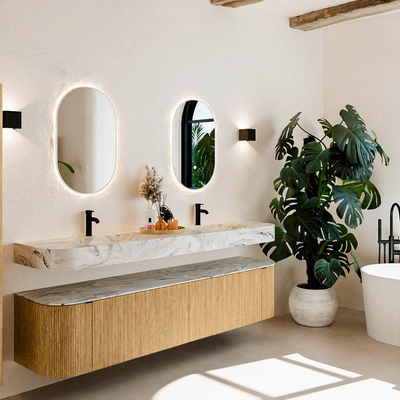 MONDIAZ THOR-DLUX 200cm meuble de salle de bains arrondi gauche + droite couleur Chêne avec 2 tiroirs et 2 portes. Vasque suspendue CLOUD Double 2 trous de robinet couleur Glace.