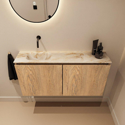 MONDIAZ TURE-DLUX Meuble WC 100cm Washed Oak. Lavabo EDEN Frappe position gauche. Sans trou de robinet.