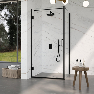 FugaFlow Eccelente Vetro Douchecabine - 90x80x200cm - scharnieren - deurgreep - stabilisatiestang - vlak - helder veiligheidsglas - Mat zwart