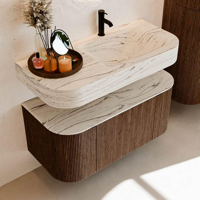MONDIAZ THOR-DLUX 100cm badmeubel ronding links + rechts kleur Walnut met 1 lade en 2 deuren. Vrijhangende wastafel CLOUD Rechts 1 kraangat kleur Nata.
