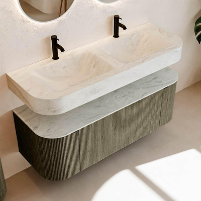 MONDIAZ THOR-DLUX Meuble de salle de bains 130cm arrondi gauche + droite couleur Shadow avec 1 tiroir et 2 portes. Vasque suspendue CLOUD Double 2 trous de robinet couleur Opalo.