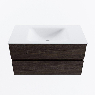 Mondiaz VICA ensemble de meuble de salle de bain - 90cm - meuble sous-vasque marron foncé - 2 tiroirs - lavabo nuage milieu - sans trous de robinet - version haute de 60cm - talc