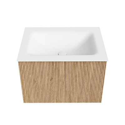 MONDIAZ KURVE Meuble de salle de bains 60 cm couleur Oak avec 1 tiroir. Lavabo CLOUD central 1 trou de robinet Talc.