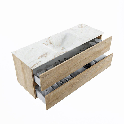 MONDIAZ VICA-DLUX Ensemble meuble de salle de bains - 130cm - meuble bas Washed oak - 2 tiroirs - vasque encastrée cloud au milieu - sans trous de robinet - version haute 60cm - frape
