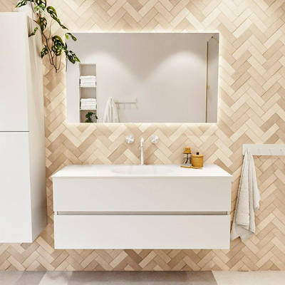 MONDIAZ VICA meuble sous lavabo 120cm Talc 2 tiroirs. Lavabo MOON centre 1 trou de robinet, couleur Talc.